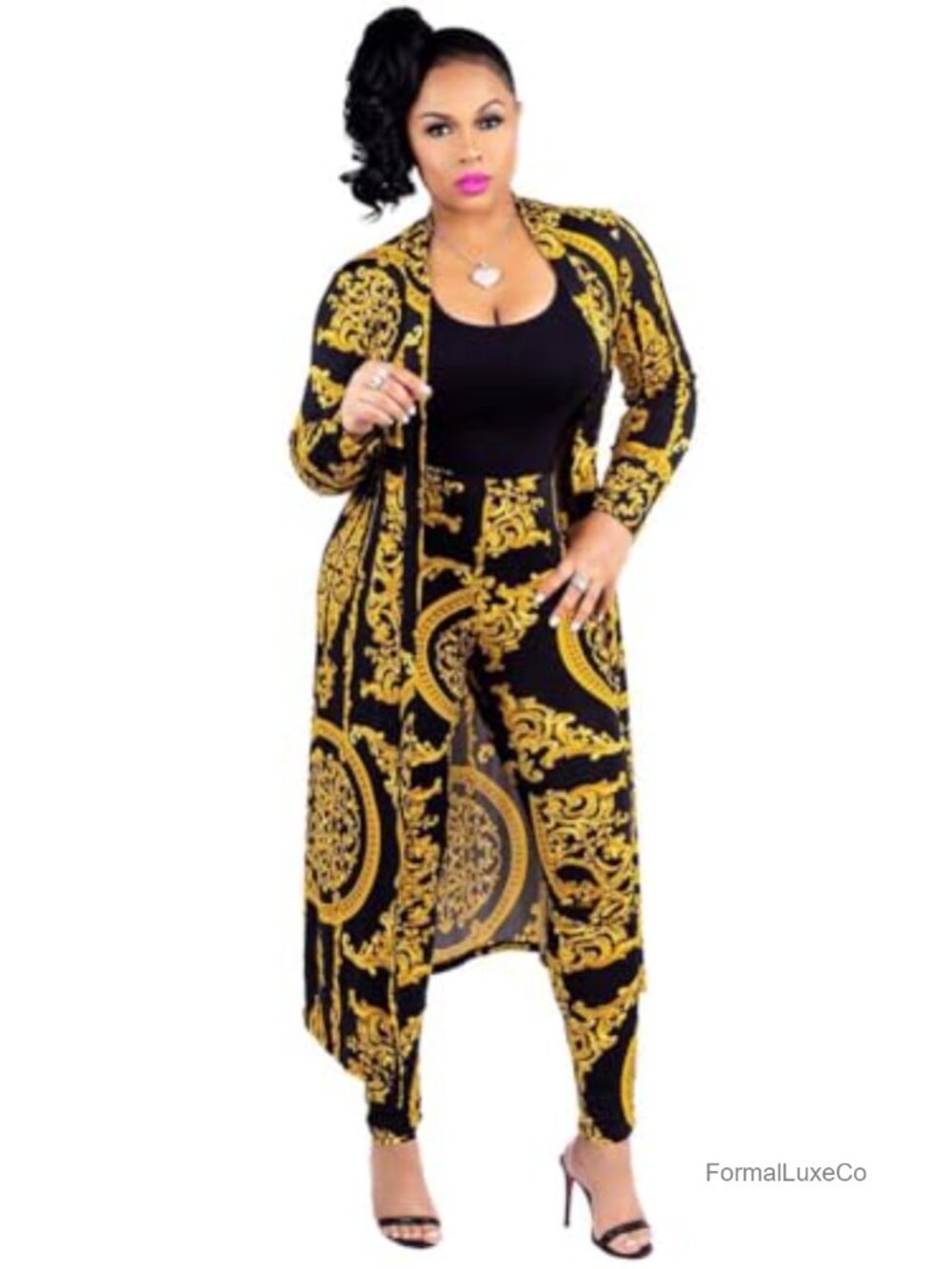 2 Piece Outfit Floral Open Front Maxi Cardigan & Skinny Pants Set